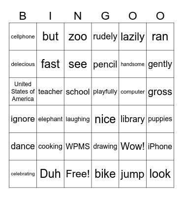 Parts of Speech Review Bingo Card