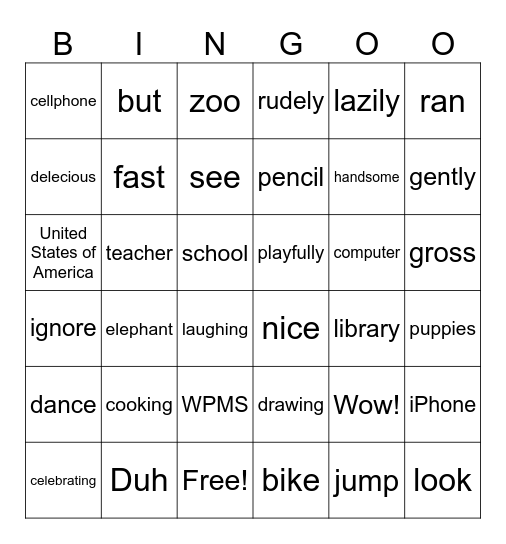 Parts of Speech Review Bingo Card