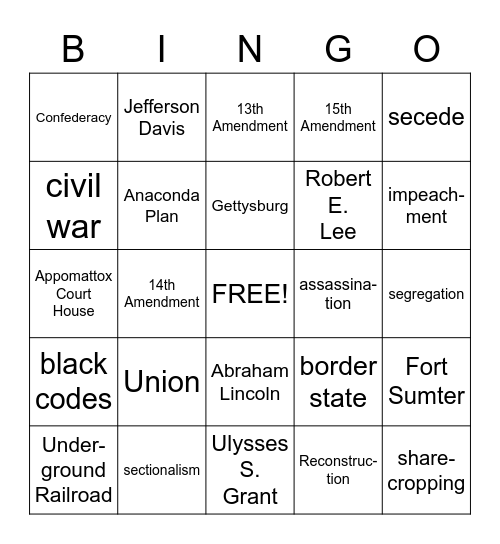 Civil War and Reconstruction Bingo Card