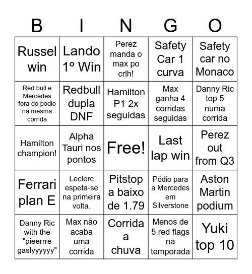 F1 BINGO 2024 Bingo Card