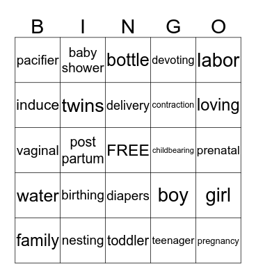 Motherhood Bingo Card