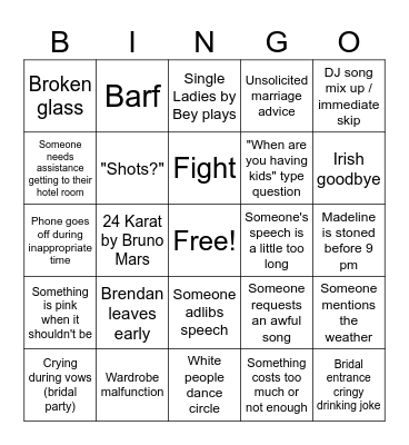 Wedding Drama Bingo Card