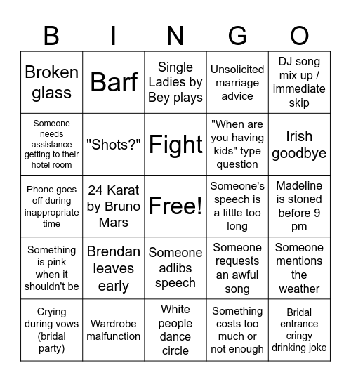 Wedding Drama Bingo Card