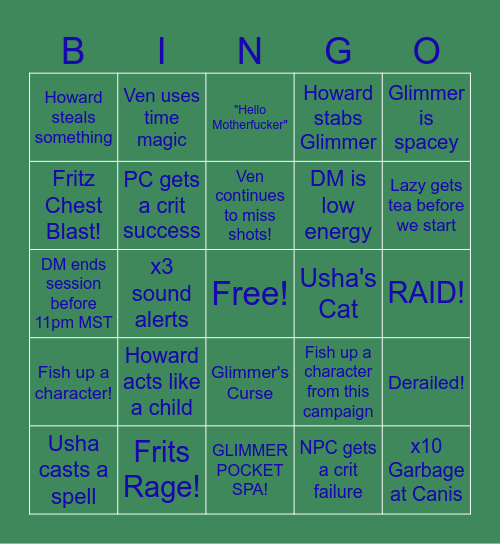 Ryleth Bingo Card