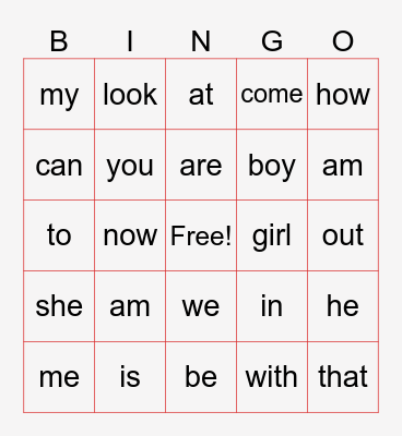 Kindergarten Sight Words Bingo Card