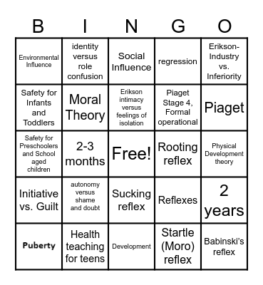 Growth and Development Bingo Card
