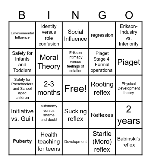 Growth and Development Bingo Card