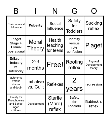 Growth and Development Bingo Card