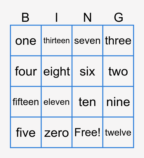 Kindergarten Number Names Bingo Card