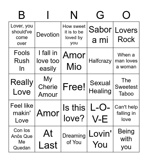 Love songs <3 Bingo Card