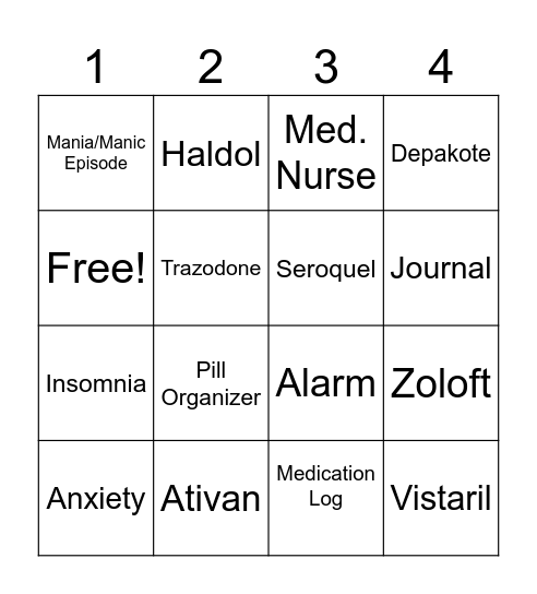 Medication Bingo Card