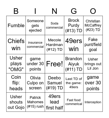 Super Bowl LVIII 2024 Bingo Card
