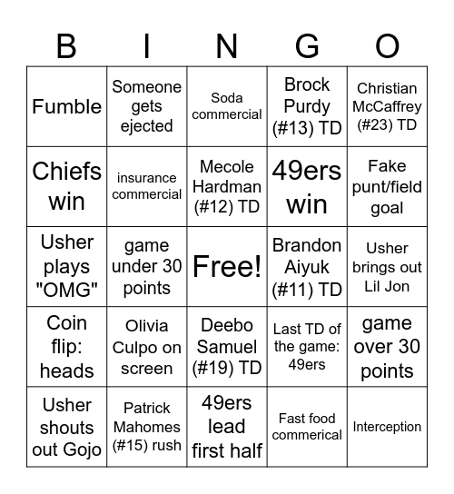 Super Bowl LVIII 2024 Bingo Card