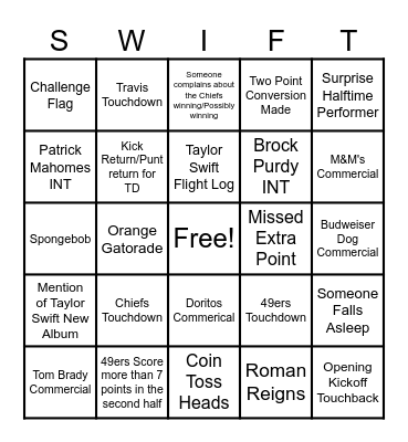 Super Bowl Bingo Card