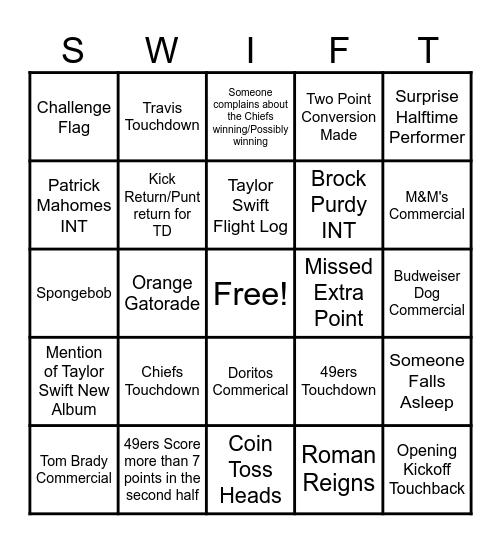 Super Bowl Bingo Card