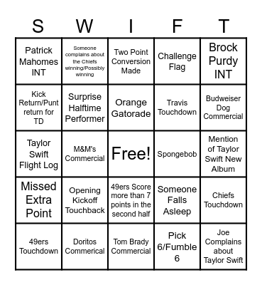 Super Bowl Bingo Card