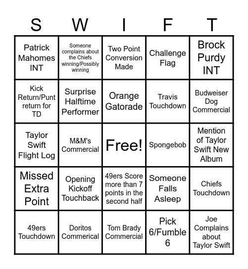 Super Bowl Bingo Card