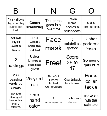 Superbowl 2024 Bingo Card