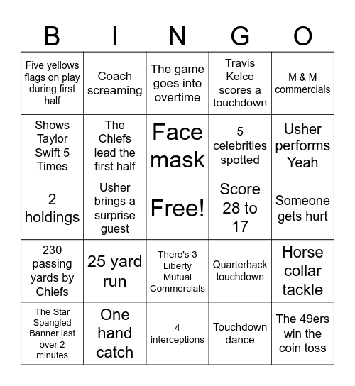 Superbowl 2024 Bingo Card