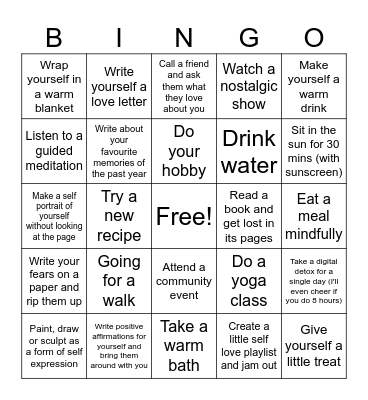 Self Love Bingo Card