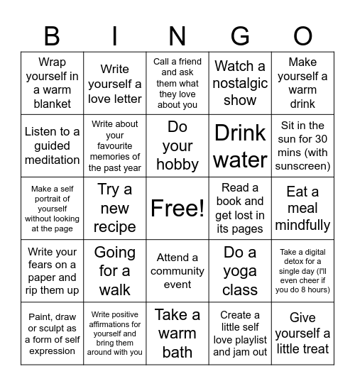 Self Love Bingo Card