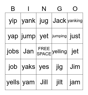 Y and J Bingo Card