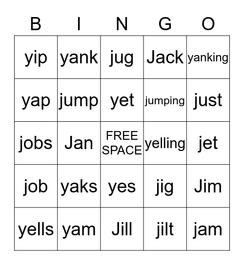 Y and J Bingo Card