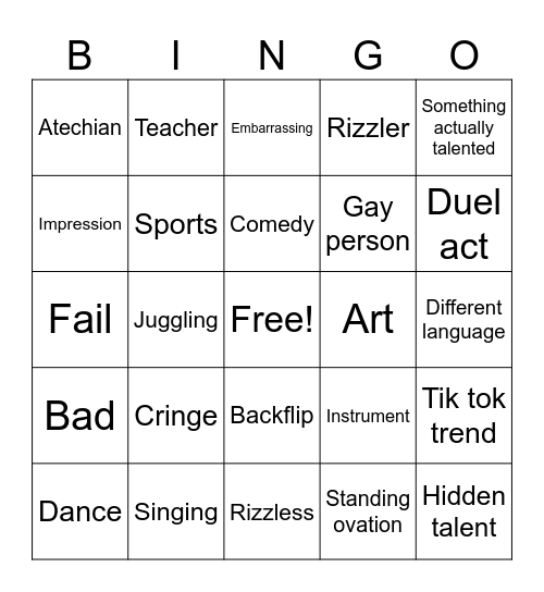 Talent show Bingo Card