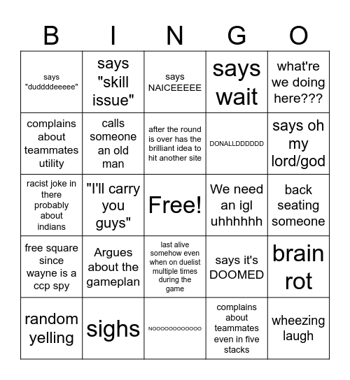 Wayne bingo card Bingo Card