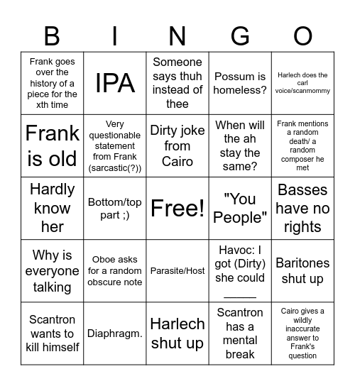 Glee Rehearsal Bingo Card