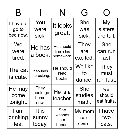 Be & Helping & Common Verb Bingo Card