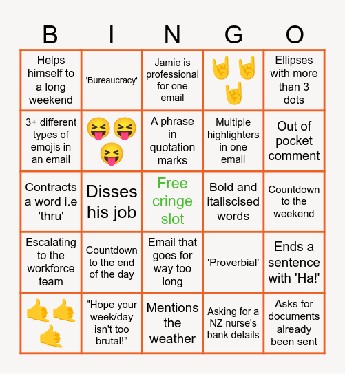 Jamie's Emails Bingo Card