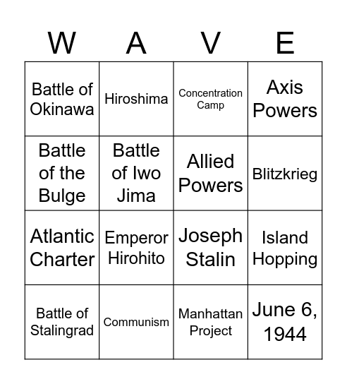 World War 2 Bingo Card