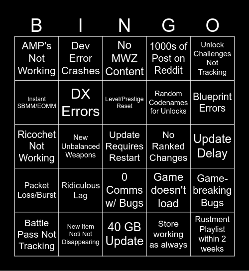 MWIII S2 Update Bingo Card