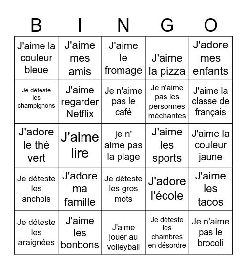 J'adore, J'aime, Je n'aime pas, Je déteste Bingo Card