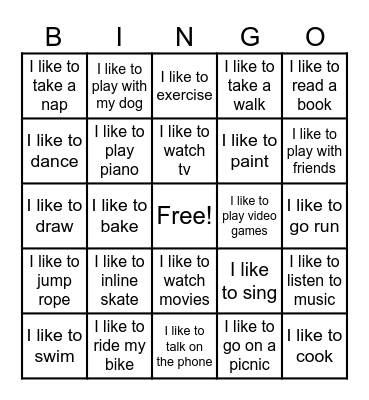 What do you like to do? Bingo Card