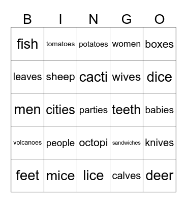 Irregular plurals BINGO Card
