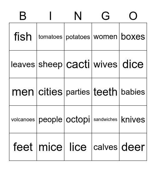 Irregular plurals BINGO Card