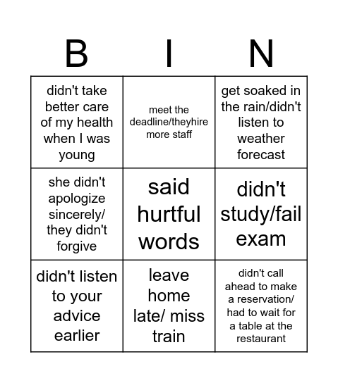 Third Conditional and I wish/If only Bingo Card