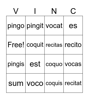 Stage 4 Verbs Bingo Card