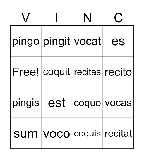 Stage 4 Verbs Bingo Card