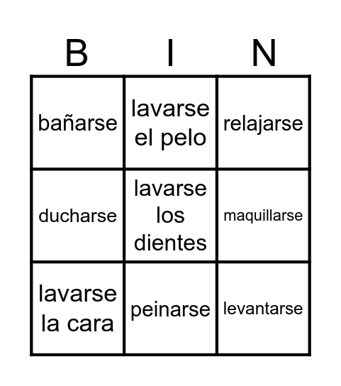 Bingo verbos reflexivos Bingo Card