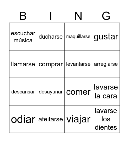 Bingo verbos reflexivos Bingo Card