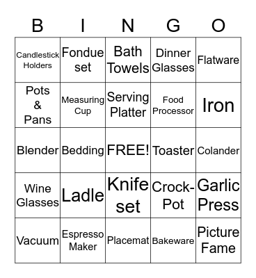 Carol's Bridal Shower Bingo Card