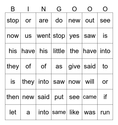Sight/Snap/Red Words Bingo Card