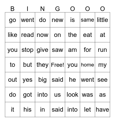 Snap/Sight/Red Words Bingo Card