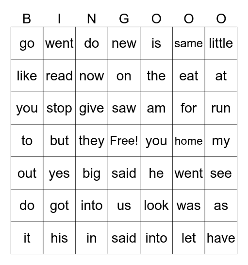 Snap/Sight/Red Words Bingo Card