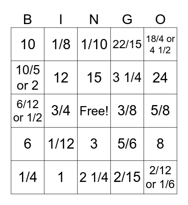 Fraction Fun Bingo Card