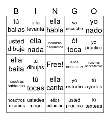 Regular -ar Verbs Bingo Card