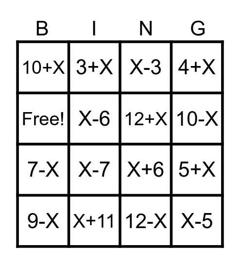 Algebra Bingo (X=7) Bingo Card